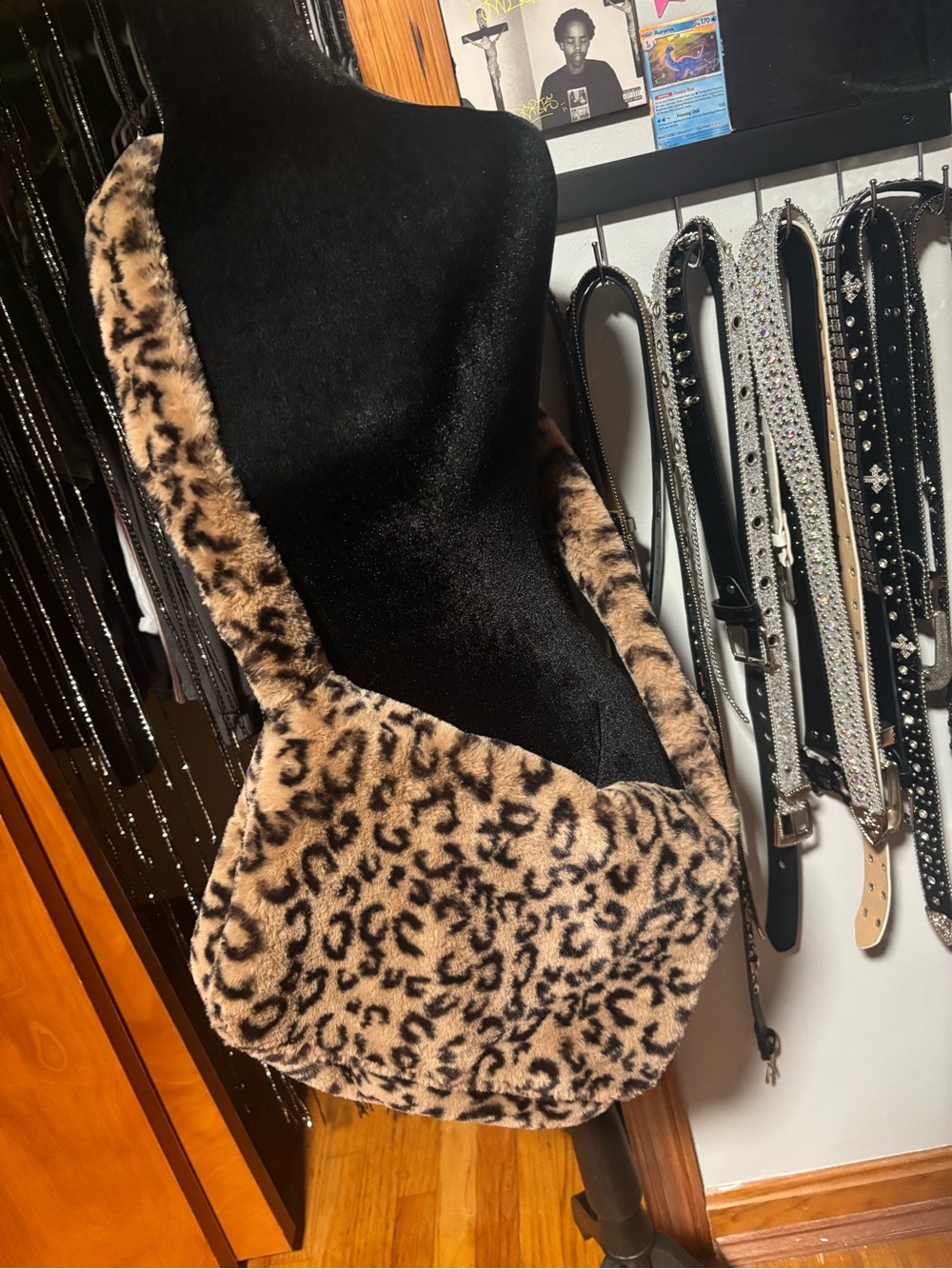 Leopard Print Faux Fur Shoulder Bag - Tan & Black